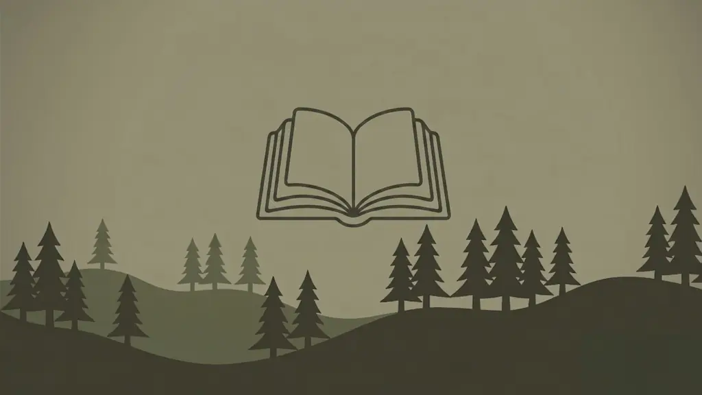 Libro abierto frente a un bosque de pinos